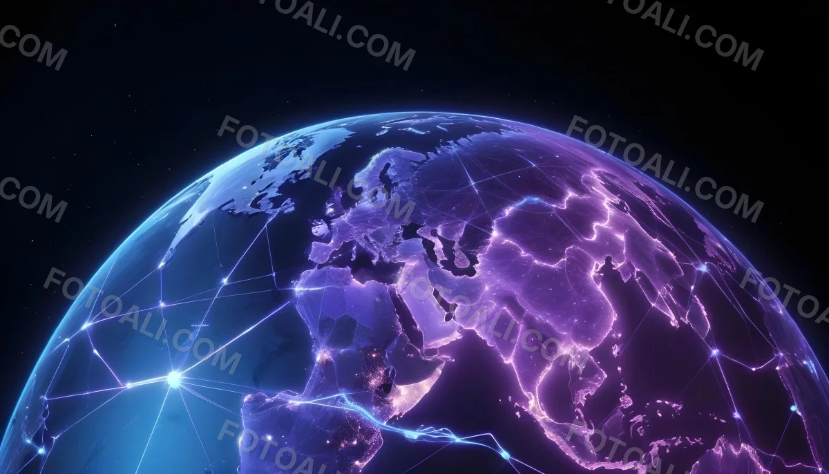 Earth At Night With Illuminated Cities Digital Network Connections Purple And Blue Color Scheme Global Communication Concept Dark Space Background With Stars Futuristic Technology Representation 11 9059