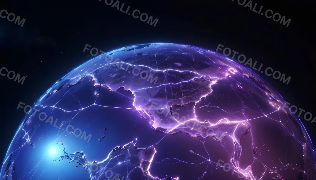 Earth At Night With Illuminated Cities Digital Network Connections Purple And Blue Color Scheme Global Communication Concept Dark Space Background With Stars Futuristic Technology Representation 12 9ae8