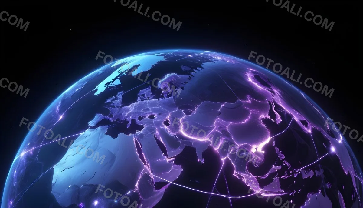 Earth At Night With Illuminated Cities Digital Network Connections Purple And Blue Color Scheme Global Communication Concept Dark Space Background With Stars Futuristic Technology Representation 15 0a02