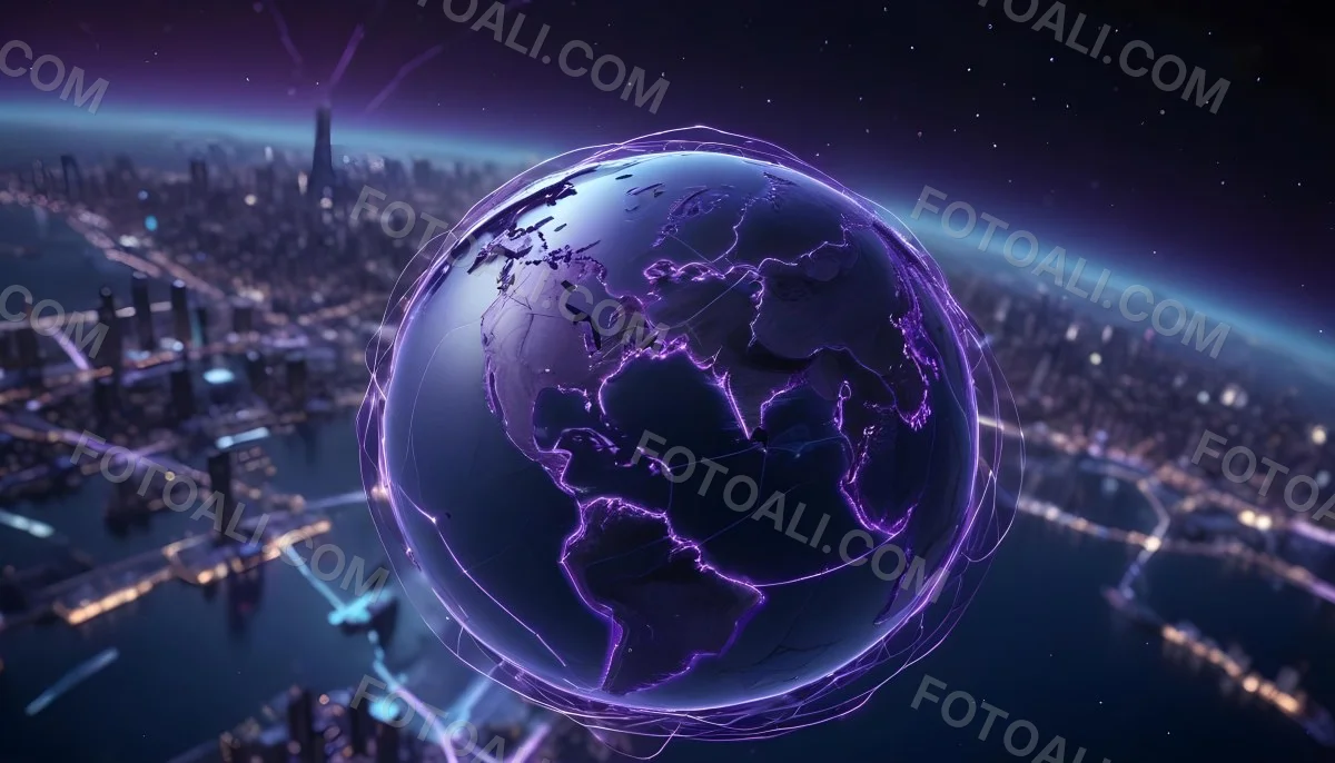 Earth At Night With Illuminated Cities Digital Network Connections Purple And Blue Color Scheme Global Communication Concept Dark Space Background With Stars Futuristic Technology Representation 16 C890