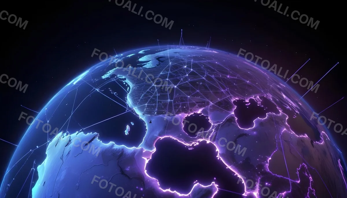 Earth At Night With Illuminated Cities Digital Network Connections Purple And Blue Color Scheme Global Communication Concept Dark Space Background With Stars Futuristic Technology Representation 22 C2f0