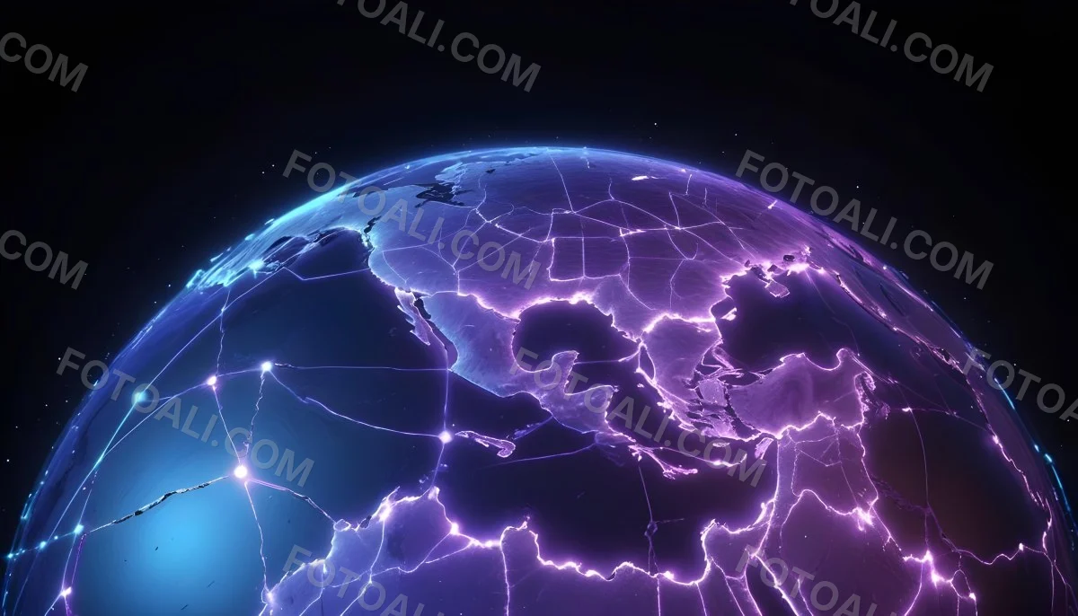 Earth At Night With Illuminated Cities Digital Network Connections Purple And Blue Color Scheme Global Communication Concept Dark Space Background With Stars Futuristic Technology Representation 4 384a