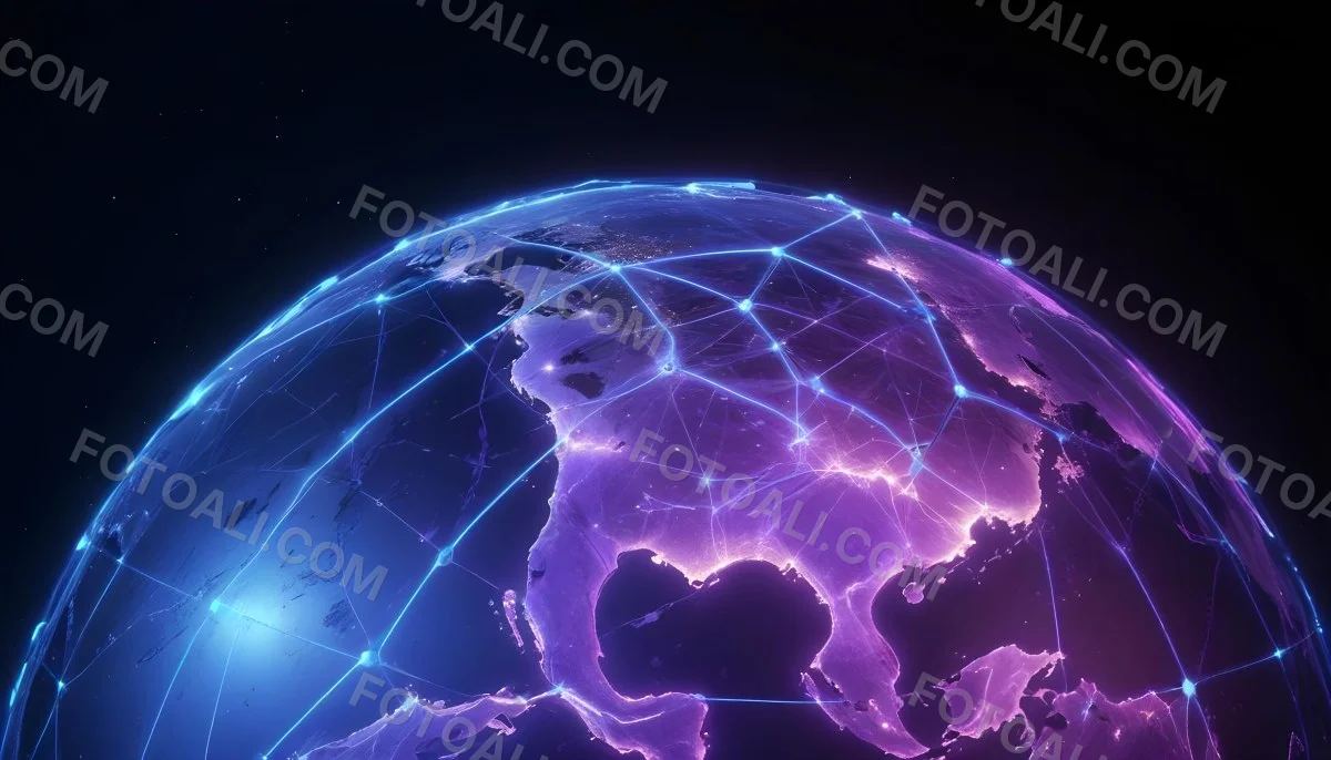 Earth At Night With Illuminated Cities Digital Network Connections Purple And Blue Color Scheme Global Communication Concept Dark Space Background With Stars Futuristic Technology Representation 5 052b