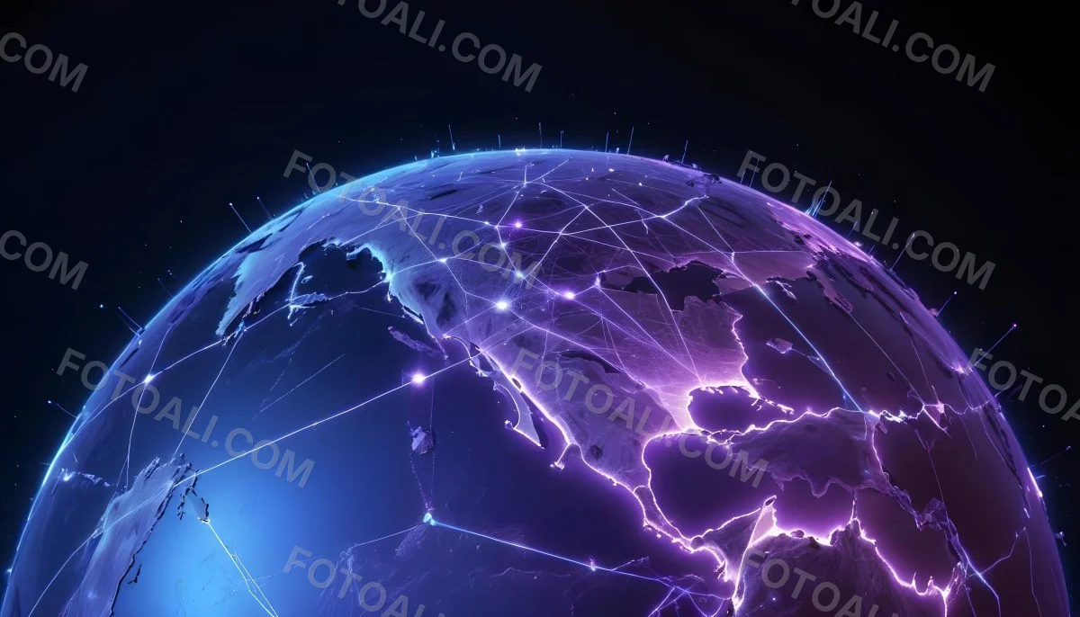 Earth At Night With Illuminated Cities Digital Network Connections Purple And Blue Color Scheme Global Communication Concept Dark Space Background With Stars Futuristic Technology Representation 7 6bc9