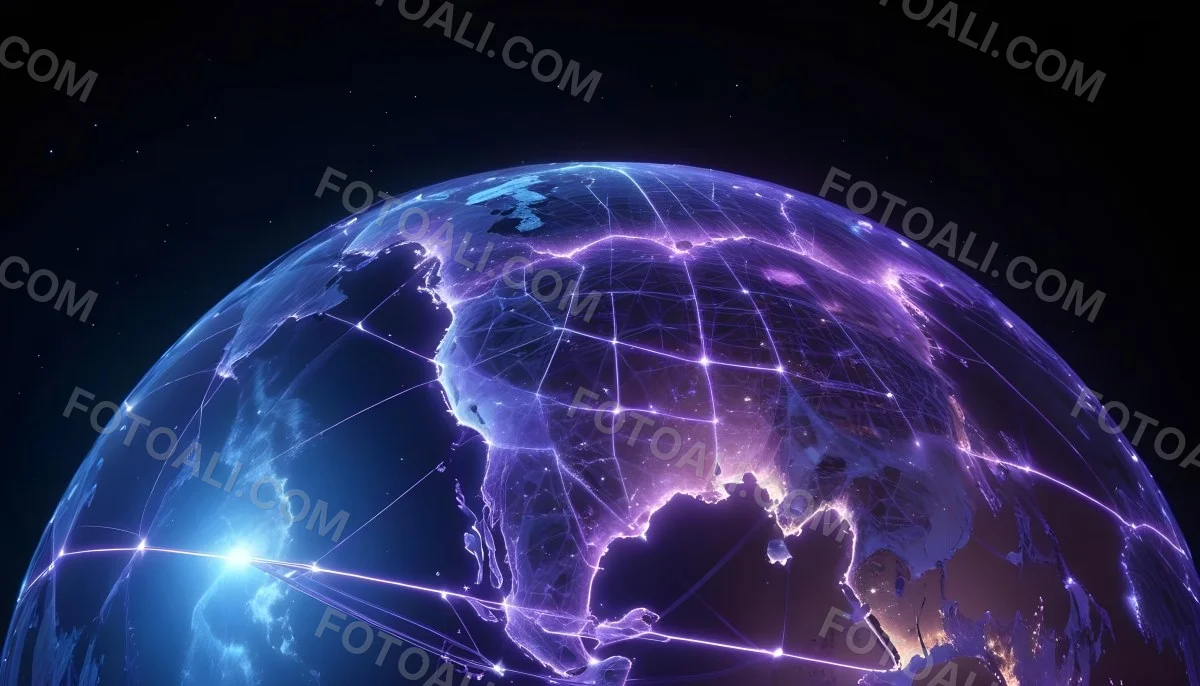 Earth At Night With Illuminated Cities Digital Network Connections Purple And Blue Color Scheme Global Communication Concept Dark Space Background With Stars Futuristic Technology Representation 8 741d
