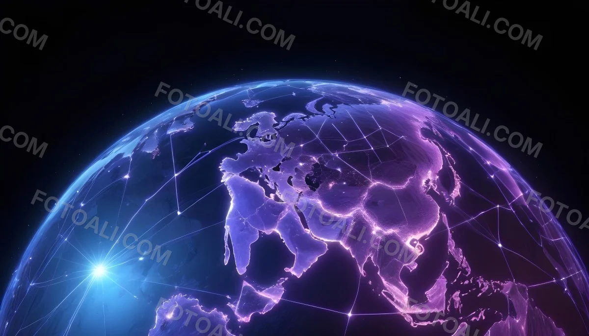 Earth At Night With Illuminated Cities Digital Network Connections Purple And Blue Color Scheme Global Communication Concept Dark Space Background With Stars Futuristic Technology Representation 9 0883