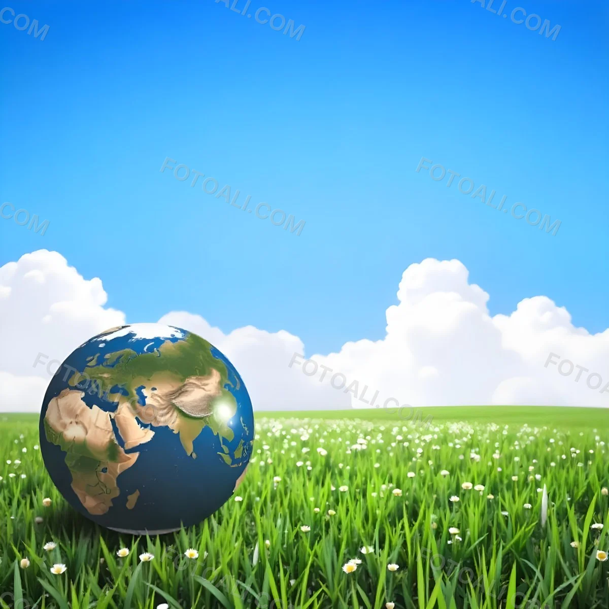 Earth Globe On A Green Grass Field Blue Sky With White Clouds Vibrant Colors Sunny Day Peaceful Atmosphere Environmental Theme Nature Background 10 2ee2