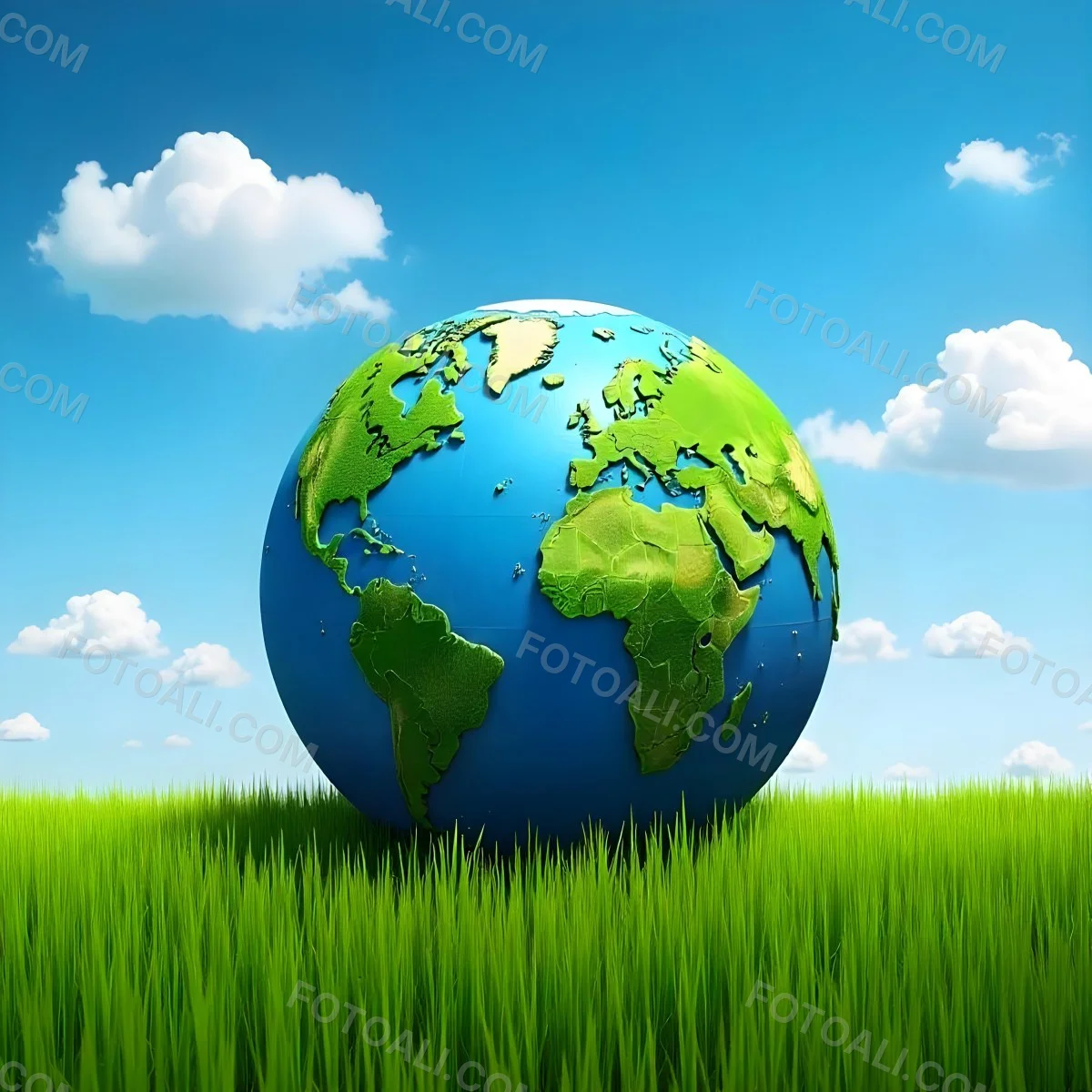 Earth Globe On A Green Grass Field Blue Sky With White Clouds Vibrant Colors Sunny Day Peaceful Atmosphere Environmental Theme Nature Background 11 C819