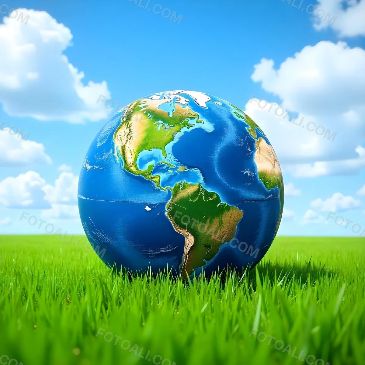 Earth Globe On A Green Grass Field Blue Sky With White Clouds Vibrant Colors Sunny Day Peaceful Atmosphere Environmental Theme Nature Background 22 10f1