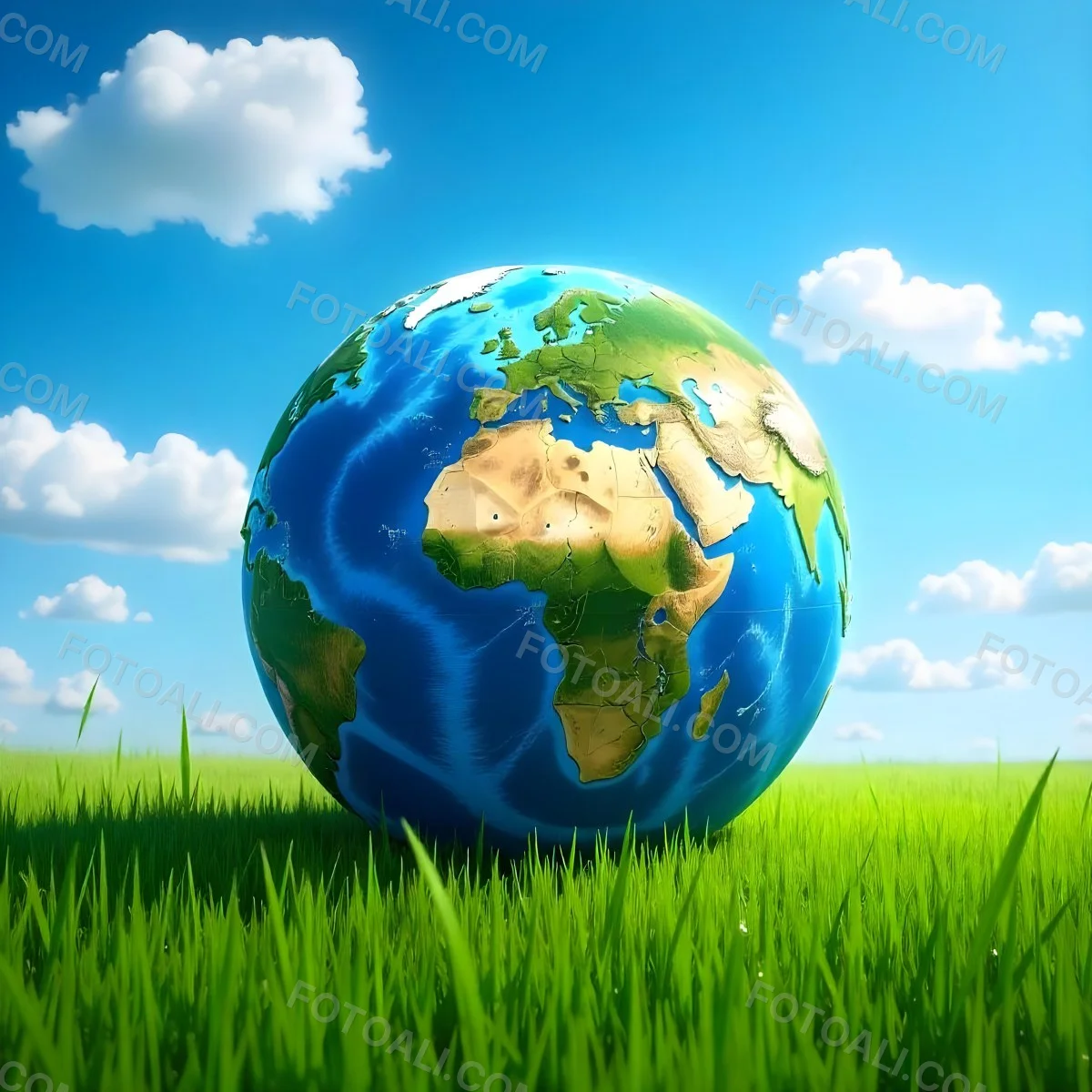 Earth Globe On A Green Grass Field Blue Sky With White Clouds Vibrant Colors Sunny Day Peaceful Atmosphere Environmental Theme Nature Background 28 Bcef