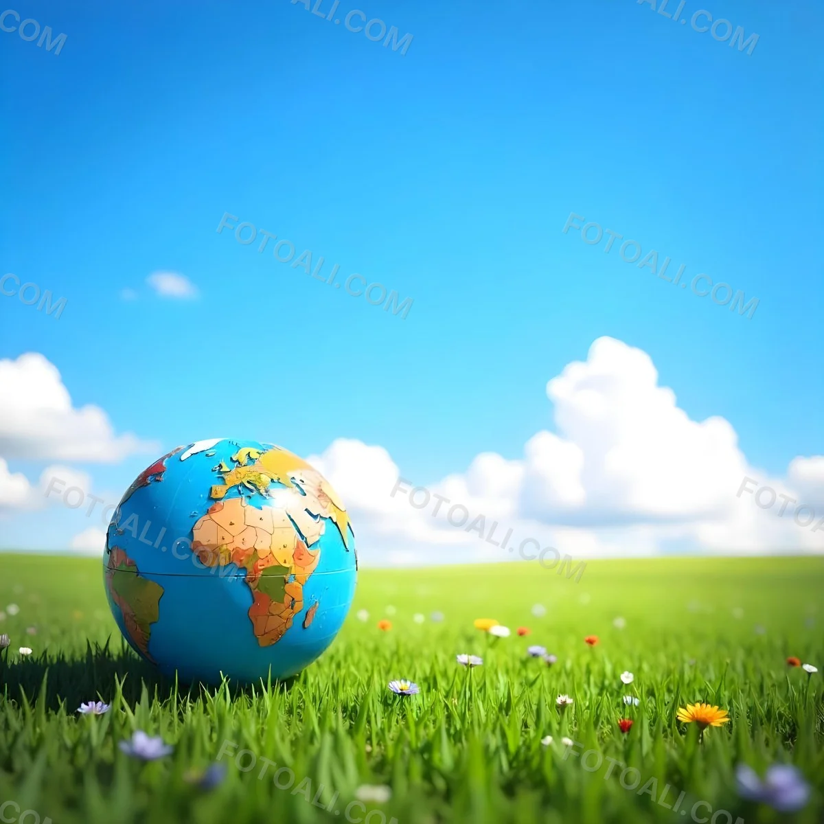 Earth Globe On A Green Grass Field Blue Sky With White Clouds Vibrant Colors Sunny Day Peaceful Atmosphere Environmental Theme Nature Background 31 1375