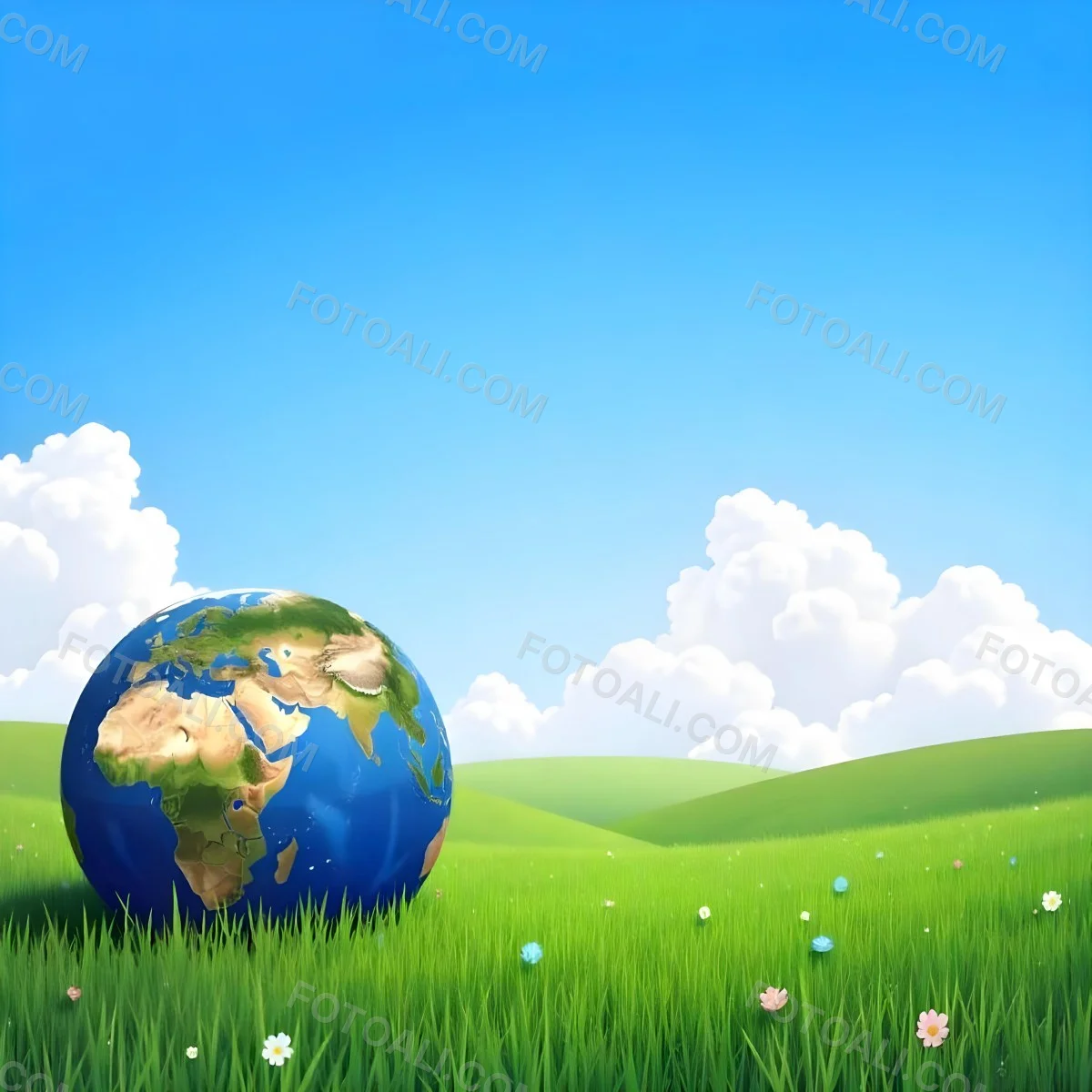Earth Globe On A Green Grass Field Blue Sky With White Clouds Vibrant Colors Sunny Day Peaceful Atmosphere Environmental Theme Nature Background 34 6afa