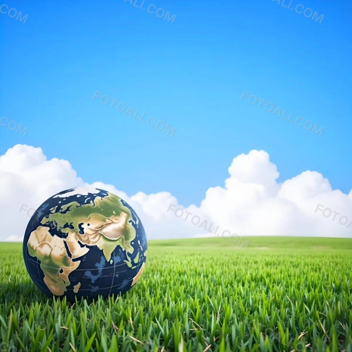 Earth Globe On A Green Grass Field Blue Sky With White Clouds Vibrant Colors Sunny Day Peaceful Atmosphere Environmental Theme Nature Background 4 3013