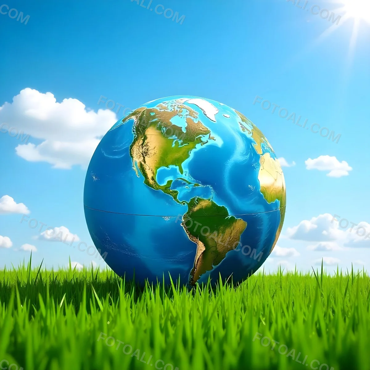 Earth Globe On A Green Grass Field Blue Sky With White Clouds Vibrant Colors Sunny Day Peaceful Atmosphere Environmental Theme Nature Background 5 134e