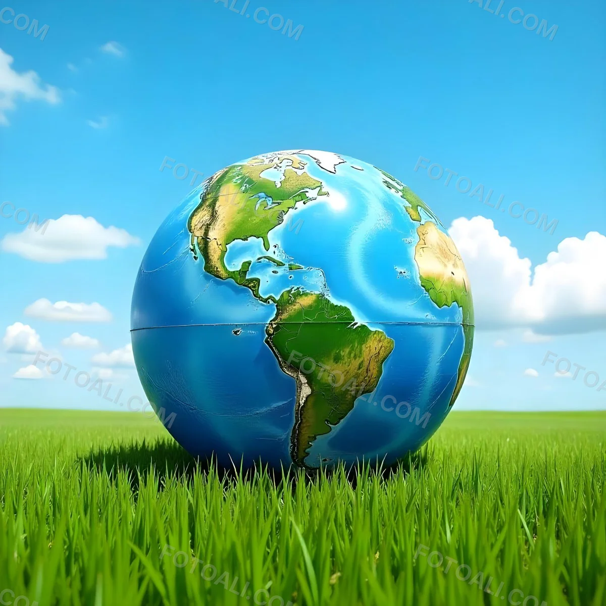 Earth Globe On A Green Grass Field Blue Sky With White Clouds Vibrant Colors Sunny Day Peaceful Atmosphere Environmental Theme Nature Background 7 975a