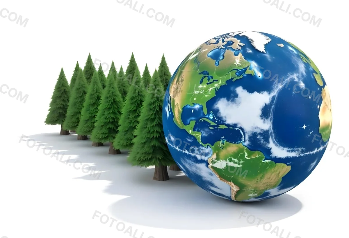 Earth Globe With A Row Of Green Trees On A White Background The Globe Shows The Continents And Oceans The Trees Are All The Same Size And Shape 25 3c8b