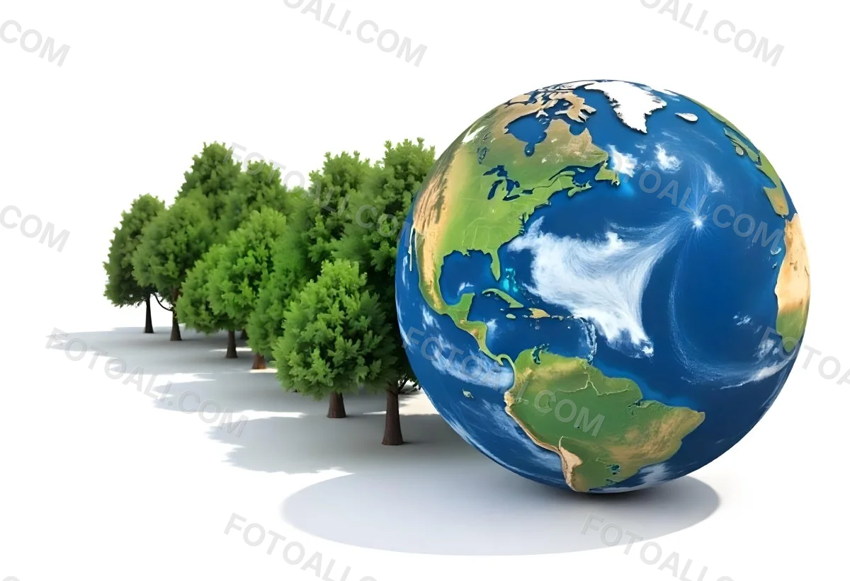 Earth Globe With A Row Of Green Trees On A White Background The Globe Shows The Continents And Oceans The Trees Are All The Same Size And Shape 29 3f2a