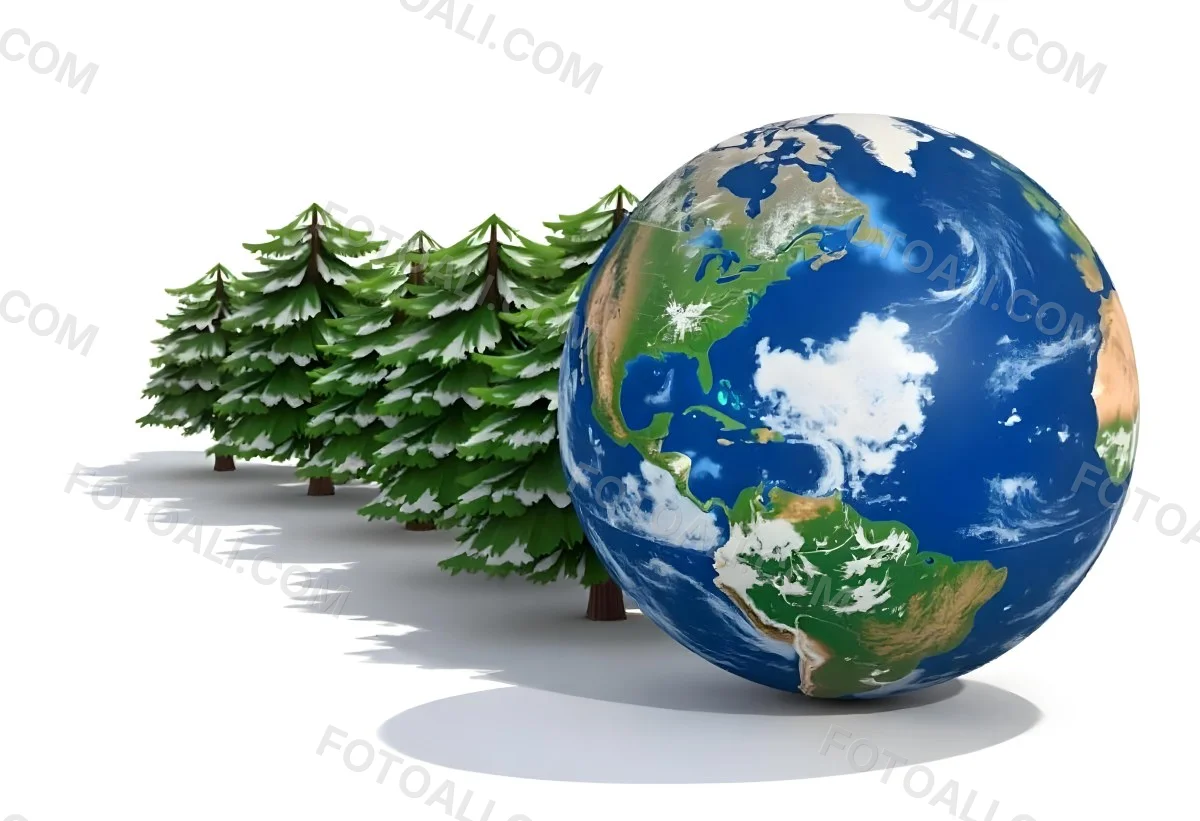 Earth Globe With A Row Of Green Trees On A White Background The Globe Shows The Continents And Oceans The Trees Are All The Same Size And Shape 33 Cf44