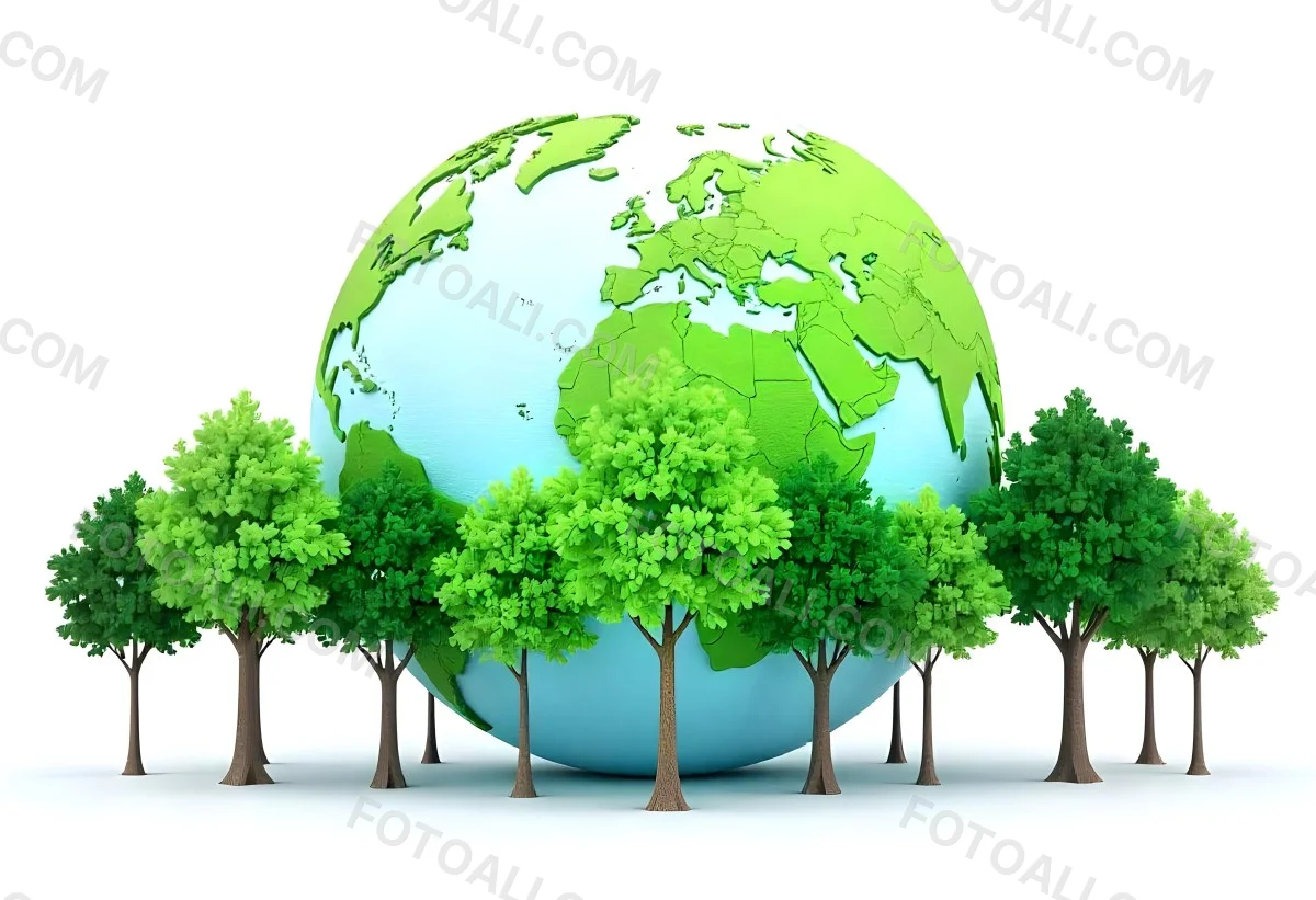 Earth Globe With A Row Of Green Trees On A White Background The Globe Shows The Continents And Oceans The Trees Are All The Same Size And Shape 37 108a