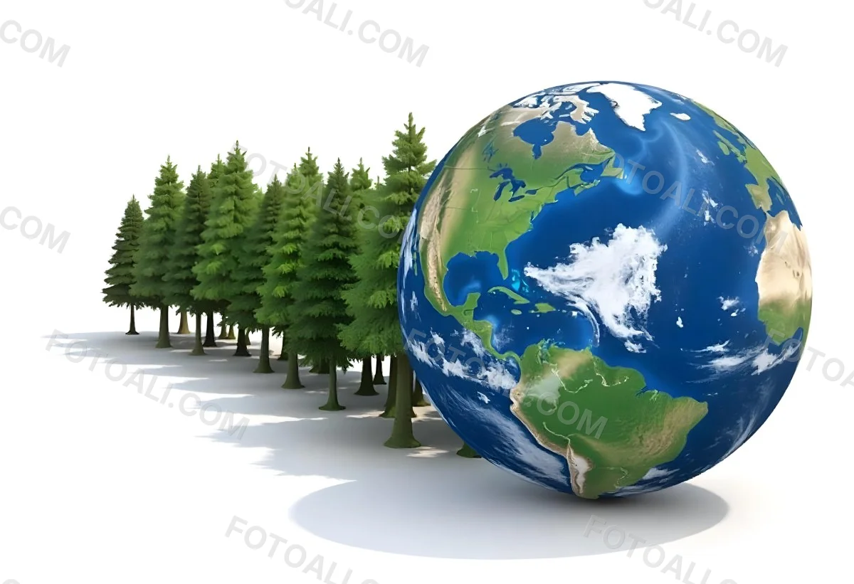 Earth Globe With A Row Of Green Trees On A White Background The Globe Shows The Continents And Oceans The Trees Are All The Same Size And Shape 46 68ea