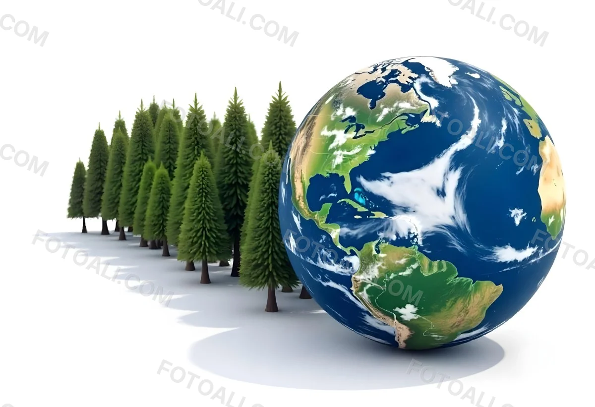 Earth Globe With A Row Of Green Trees On A White Background The Globe Shows The Continents And Oceans The Trees Are All The Same Size And Shape 5 66ab