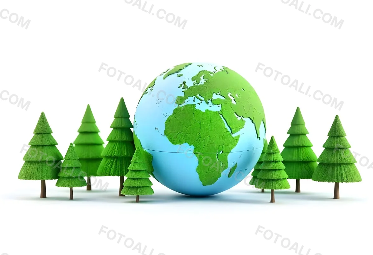 Earth Globe With A Row Of Green Trees On A White Background The Globe Shows The Continents And Oceans The Trees Are All The Same Size And Shape 56 3261