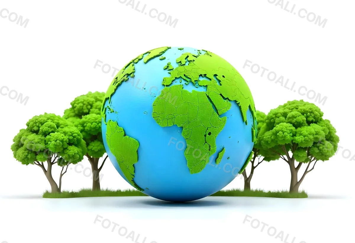 Earth Globe With A Row Of Green Trees On A White Background The Globe Shows The Continents And Oceans The Trees Are All The Same Size And Shape 60 F6cf