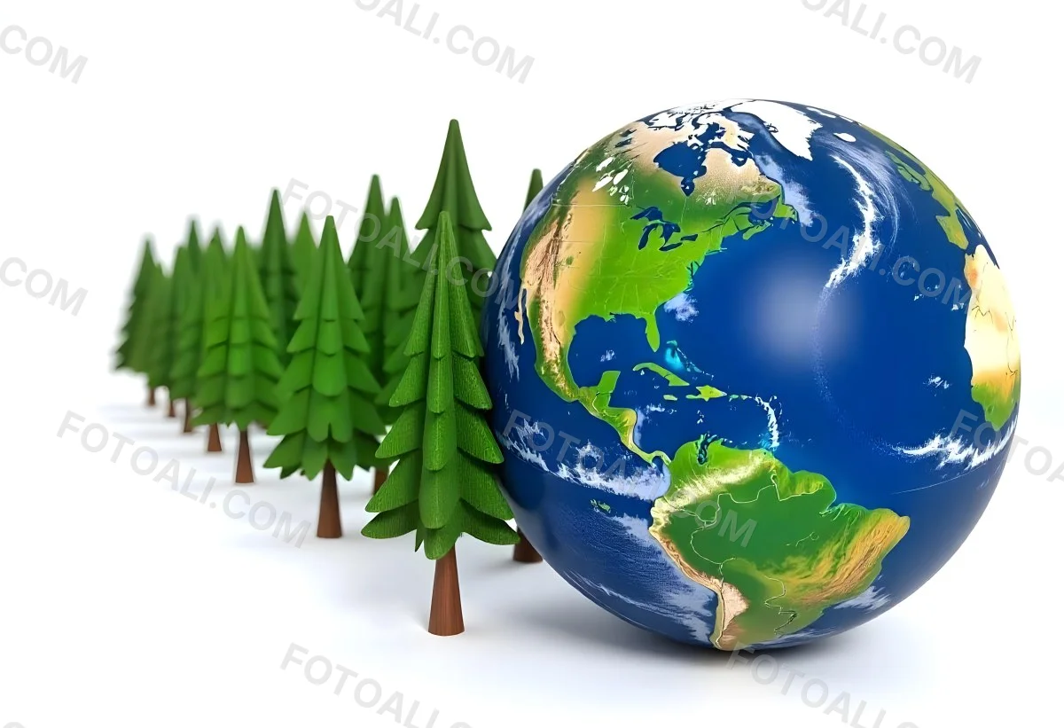 Earth Globe With A Row Of Green Trees On A White Background The Globe Shows The Continents And Oceans The Trees Are All The Same Size And Shape 62 376b