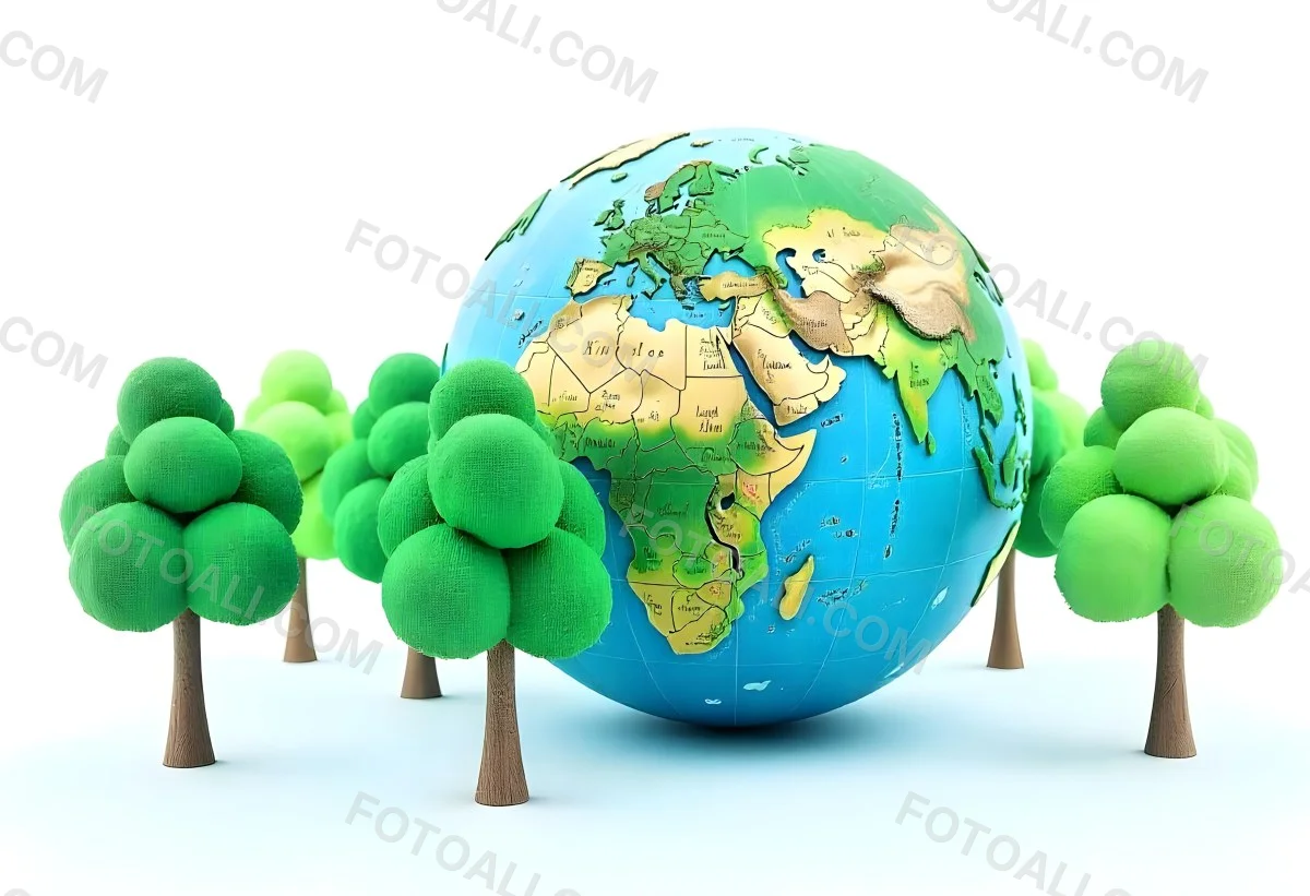 Earth Globe With A Row Of Green Trees On A White Background The Globe Shows The Continents And Oceans The Trees Are All The Same Size And Shape 63 B60b