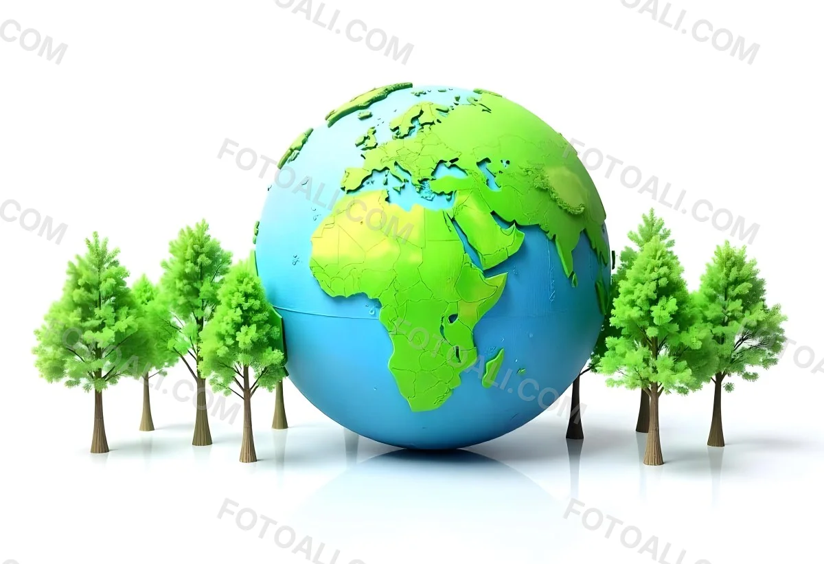 Earth Globe With A Row Of Green Trees On A White Background The Globe Shows The Continents And Oceans The Trees Are All The Same Size And Shape 64 C647