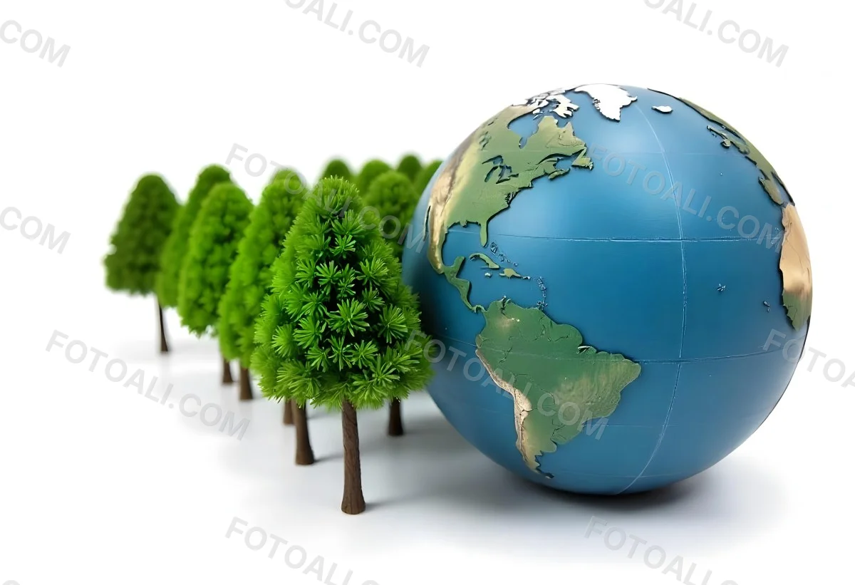 Earth Globe With A Row Of Green Trees On A White Background The Globe Shows The Continents And Oceans The Trees Are All The Same Size And Shape 71 Bc87