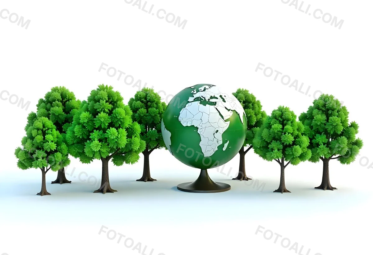 Earth Globe With A Row Of Green Trees On A White Background The Globe Shows The Continents And Oceans The Trees Are All The Same Size And Shape 76 De12