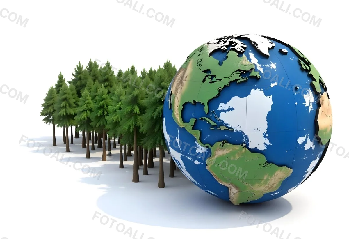 Earth Globe With A Row Of Green Trees On A White Background The Globe Shows The Continents And Oceans The Trees Are All The Same Size And Shape 8 4984