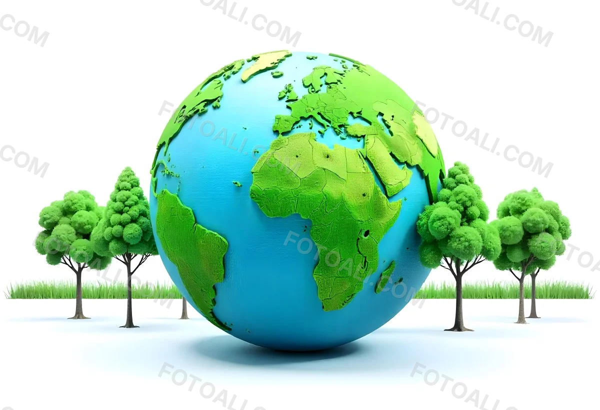 Earth Globe With A Row Of Green Trees On A White Background The Globe Shows The Continents And Oceans The Trees Are All The Same Size And Shape 9 Fa42