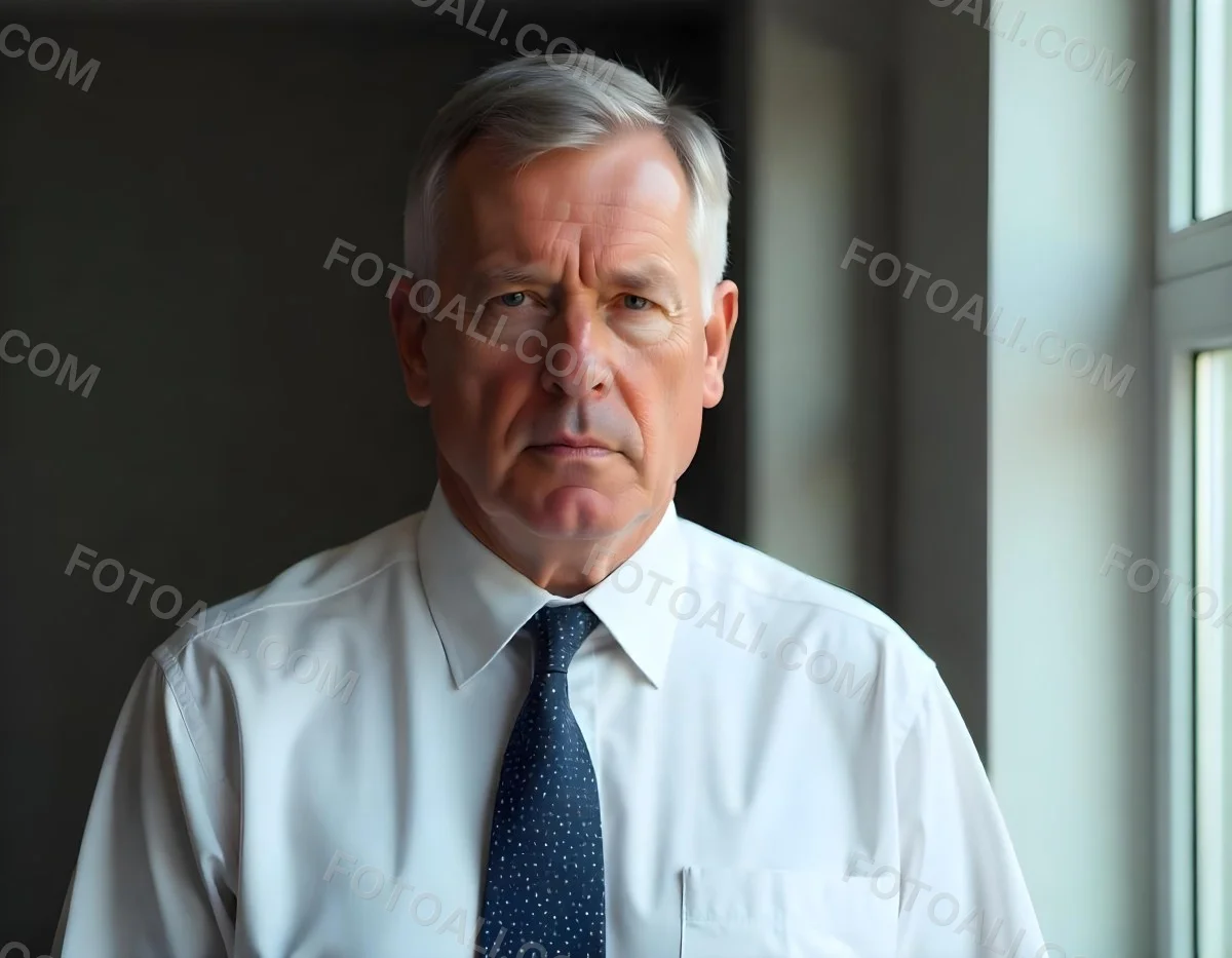 Elderly Caucasian Man With Gray Hair Wearing A White Shirt And Blue Tie Looking Serious 2 7989