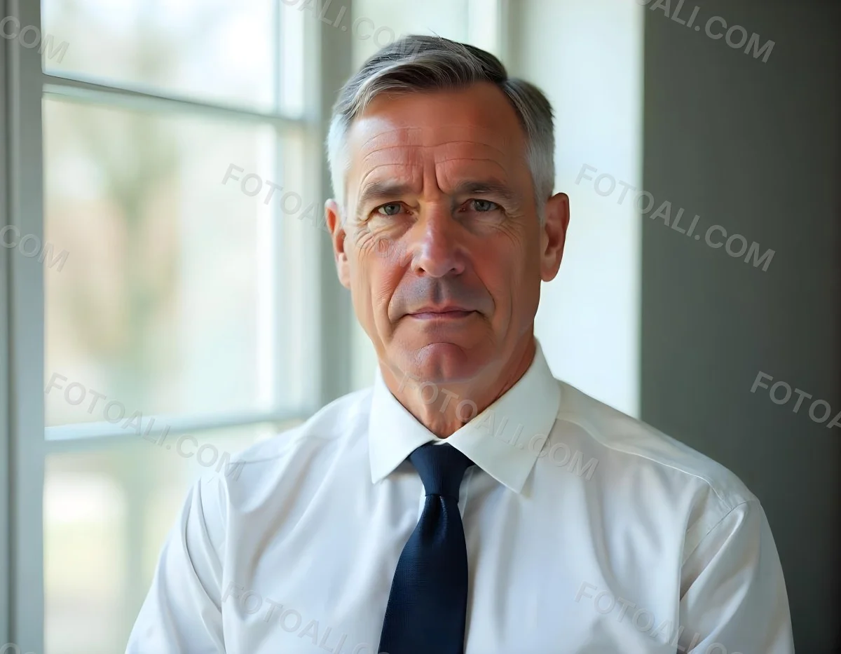 Elderly Caucasian Man With Gray Hair Wearing A White Shirt And Blue Tie Looking Serious 4 F03a