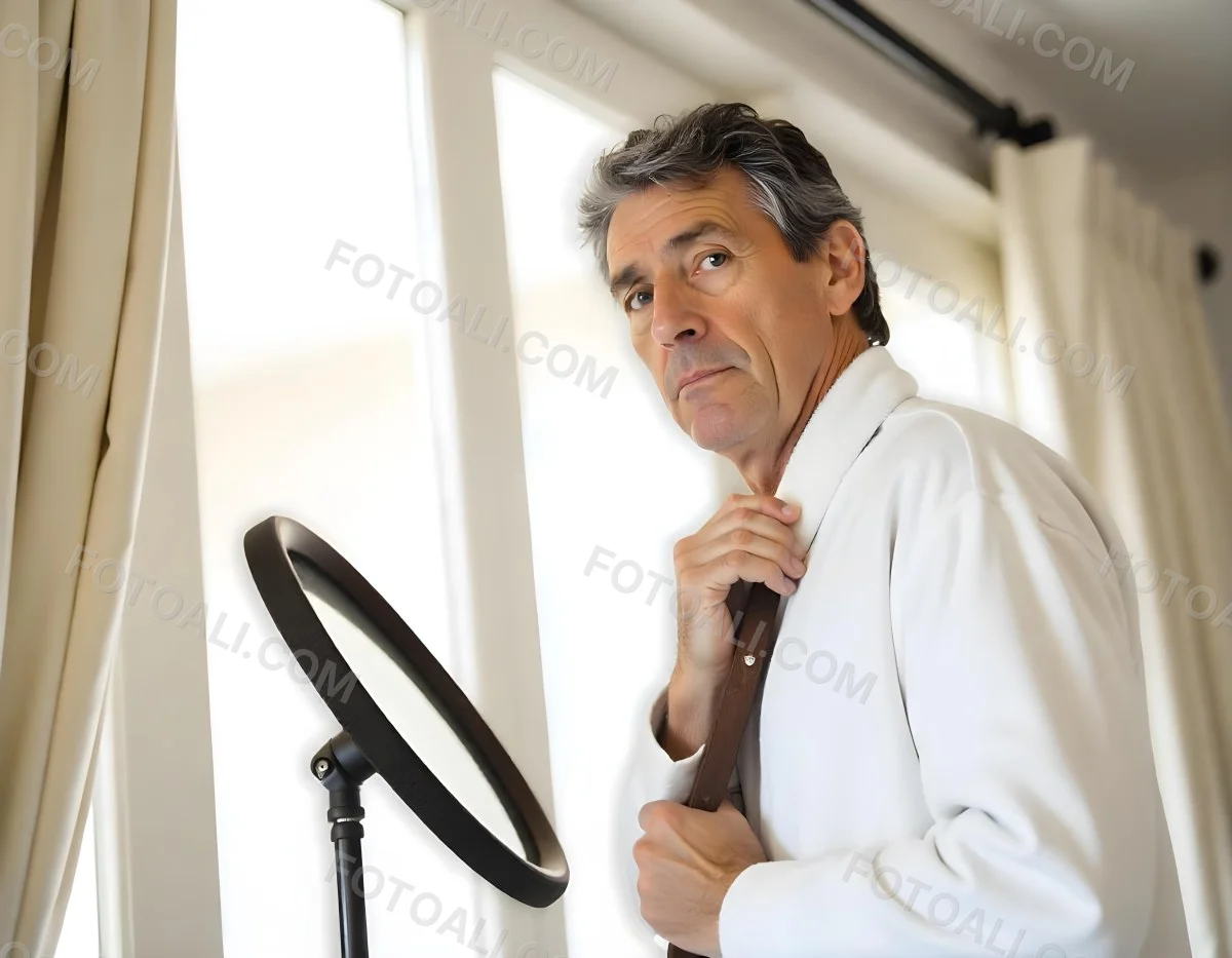 Elderly Caucasian Man With White Hair And Beard Wearing A White Bathrobe Standing In A Bathroom Setting 1 80f1