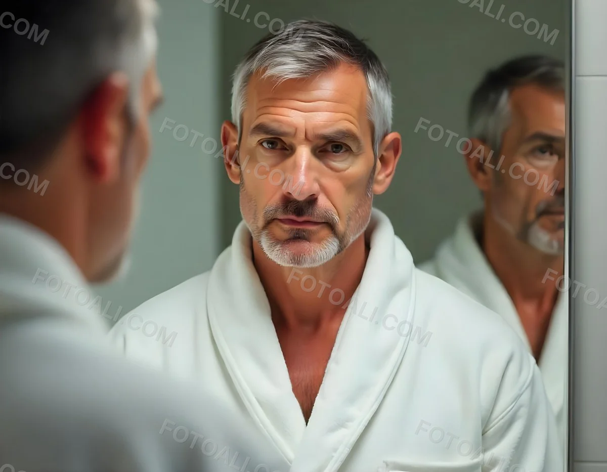 Elderly Caucasian Man With White Hair And Beard Wearing A White Bathrobe Standing In A Bathroom Setting 10 Af97
