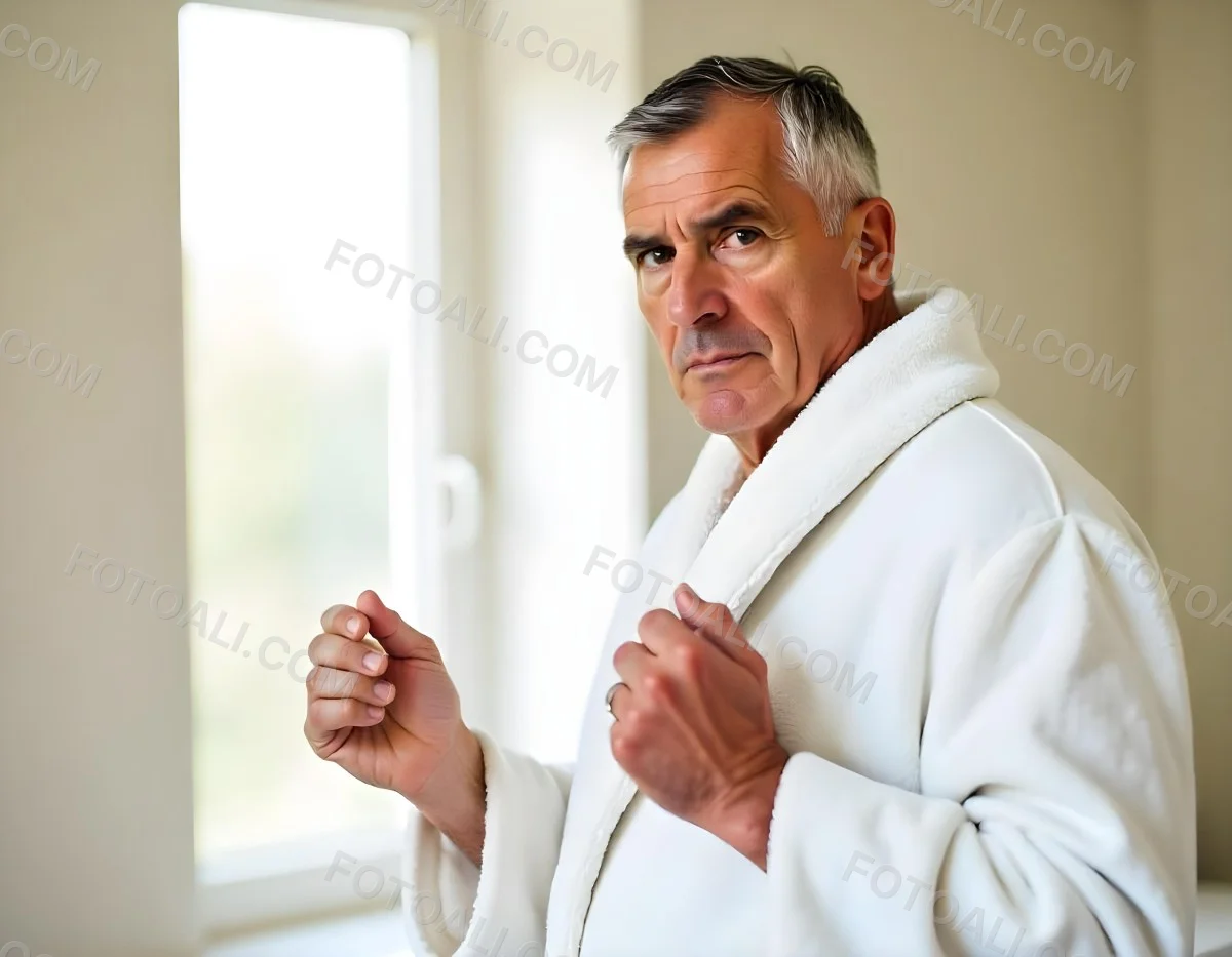 Elderly Caucasian Man With White Hair And Beard Wearing A White Bathrobe Standing In A Bathroom Setting 12 8b7e