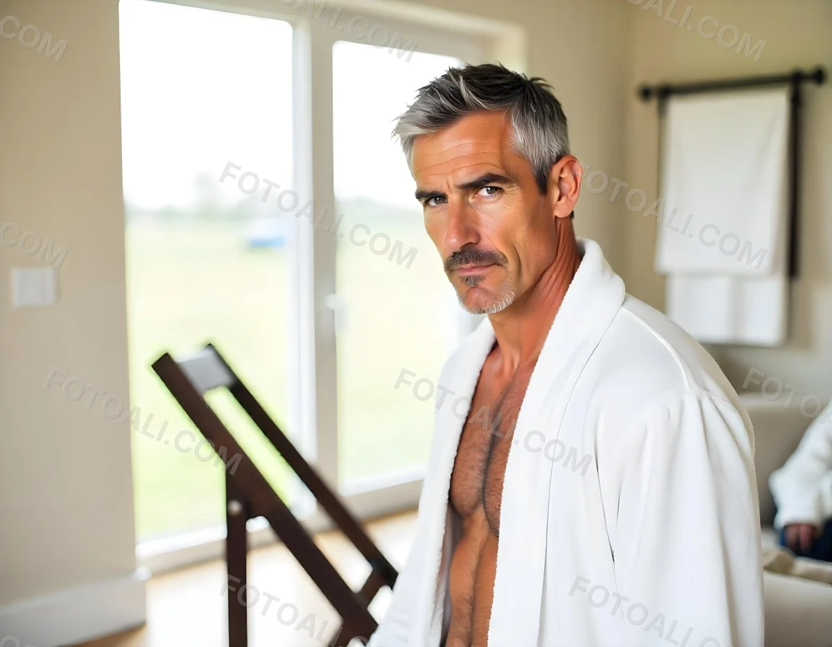 Elderly Caucasian Man With White Hair And Beard Wearing A White Bathrobe Standing In A Bathroom Setting 13 4a30
