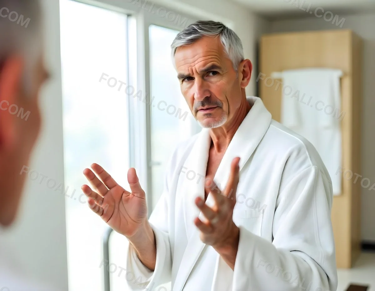 Elderly Caucasian Man With White Hair And Beard Wearing A White Bathrobe Standing In A Bathroom Setting 18 0edd