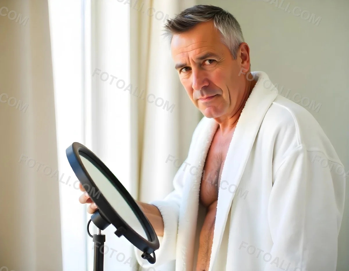 Elderly Caucasian Man With White Hair And Beard Wearing A White Bathrobe Standing In A Bathroom Setting 2 8f2b