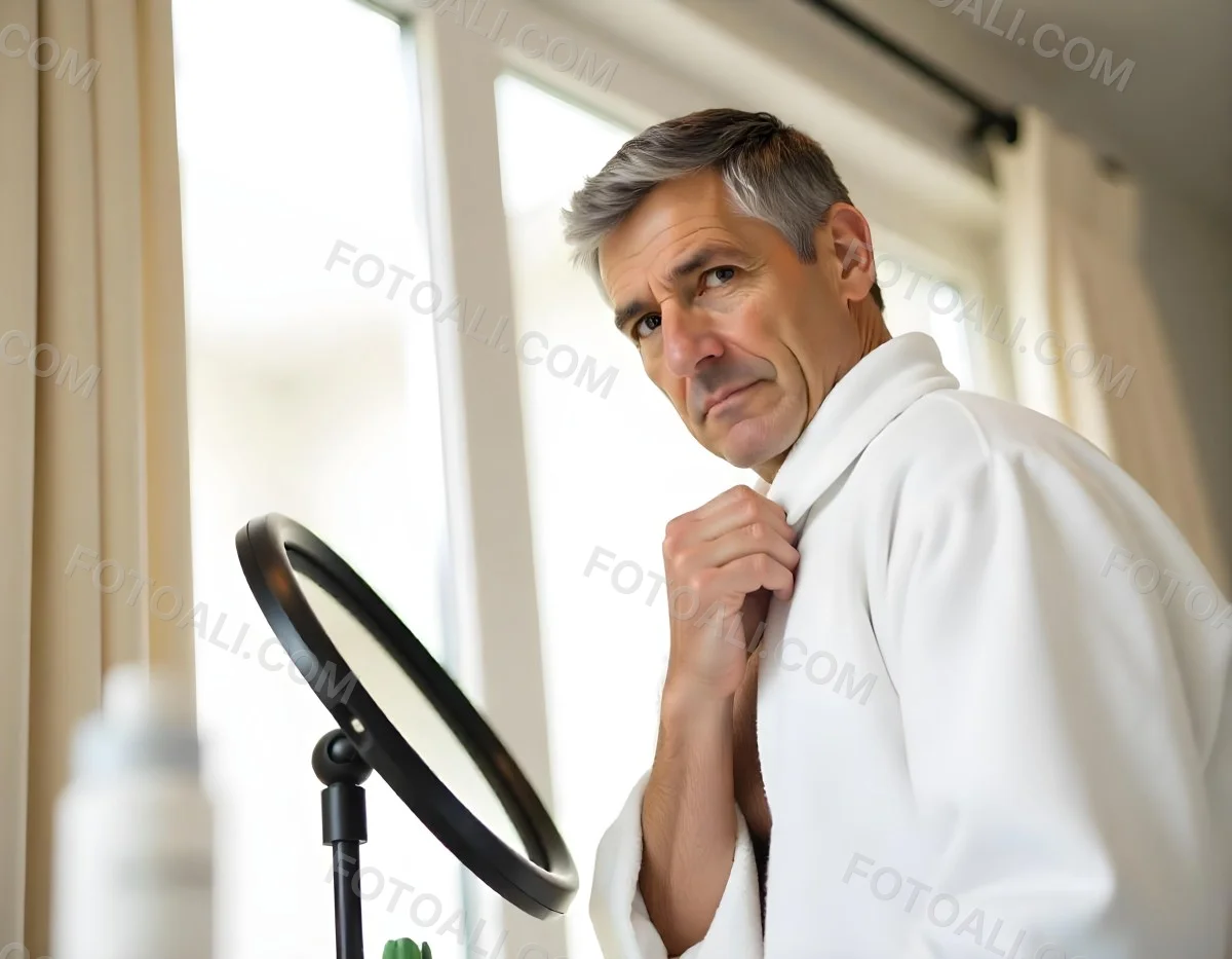 Elderly Caucasian Man With White Hair And Beard Wearing A White Bathrobe Standing In A Bathroom Setting 23 C8f5