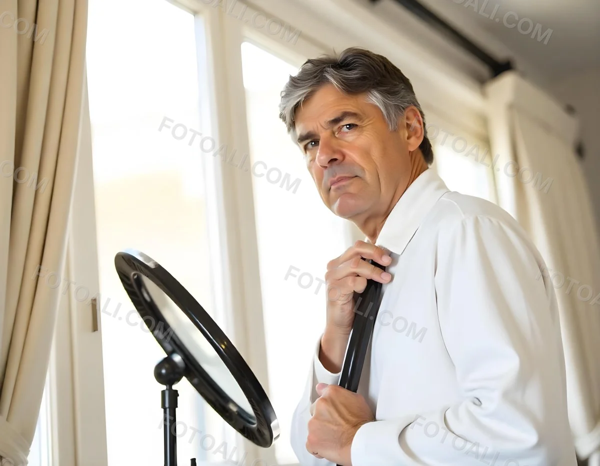 Elderly Caucasian Man With White Hair And Beard Wearing A White Bathrobe Standing In A Bathroom Setting 24 5554