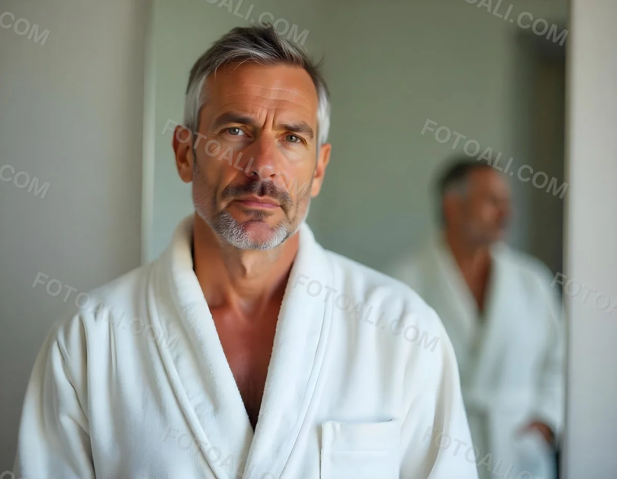 Elderly Caucasian Man With White Hair And Beard Wearing A White Bathrobe Standing In A Bathroom Setting 3 8d01
