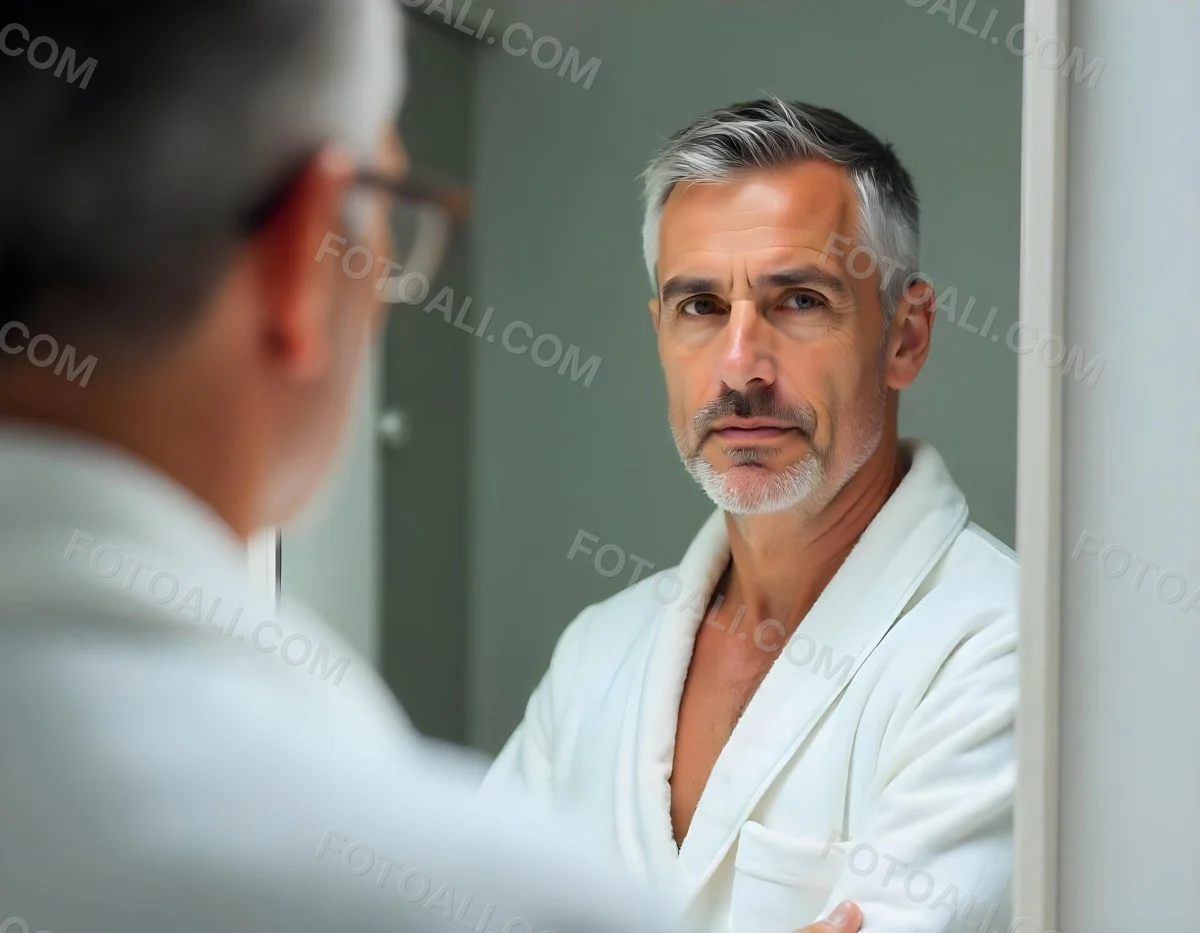 Elderly Caucasian Man With White Hair And Beard Wearing A White Bathrobe Standing In A Bathroom Setting 4 89ce