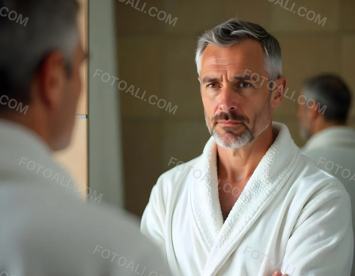 Elderly Caucasian Man With White Hair And Beard Wearing A White Bathrobe Standing In A Bathroom Setting 5 B23e