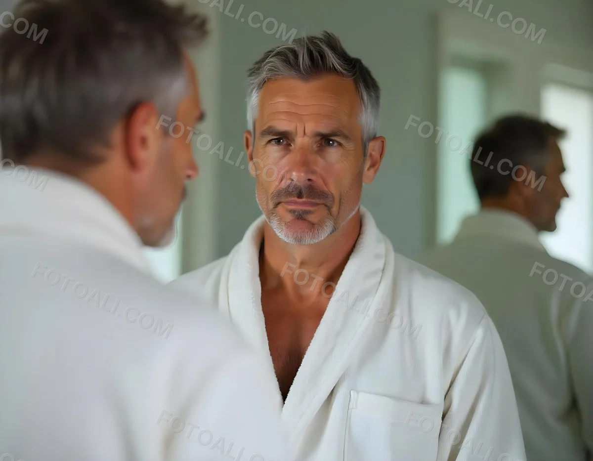 Elderly Caucasian Man With White Hair And Beard Wearing A White Bathrobe Standing In A Bathroom Setting 6 Da67