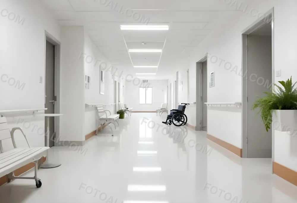 Empty Hospital Corridor With White Walls White Floor Benches Signs A Wheelchair And A Plant Bright Light 10 Db50