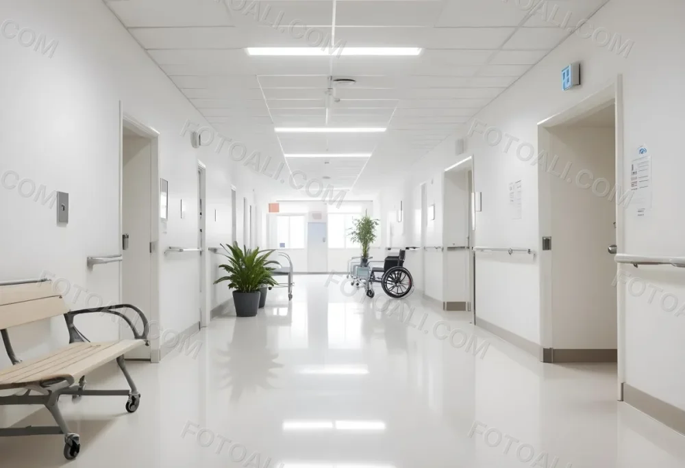 Empty Hospital Corridor With White Walls White Floor Benches Signs A Wheelchair And A Plant Bright Light 11 84da